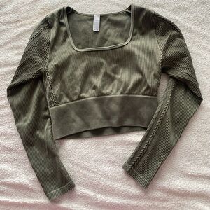 Aerie OFFLINE Ribbed Long Sleeve Crop Top Olive Green Size M